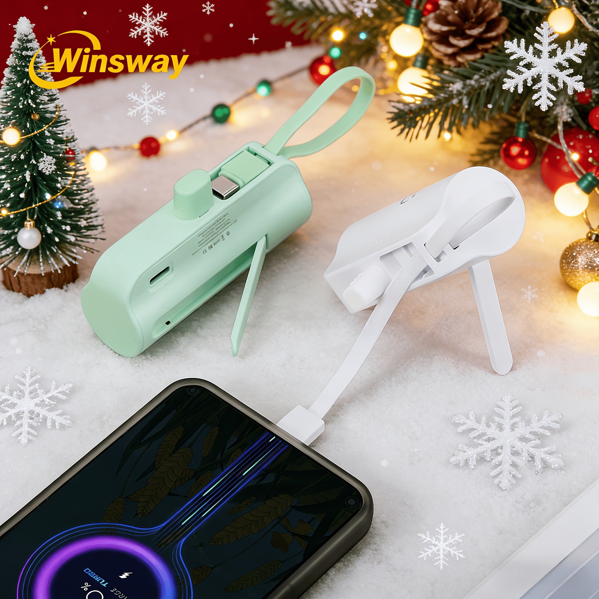 WINSWAY Dual Port 5000mAh Capsule Mini Pocket Mobile Power Bank, Portable Fast Charging Wireless Phone Holder Charger, Comes with Type-C Data Cable, Can Charge Two Phones At The Same Time, Compatible with Android, Samsung And Other Devices, Suitable