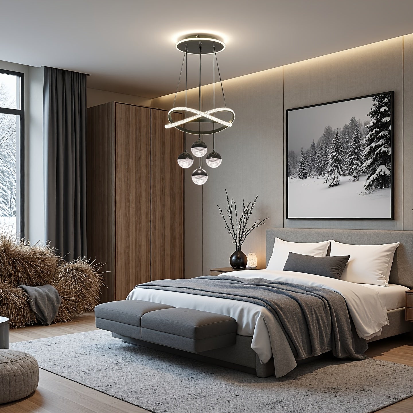 Stylish pendant light with four spherical lamp heads and a ring light, three color temperatures, height adjustable, suitable for dining room, bedroom, villa, living room, study