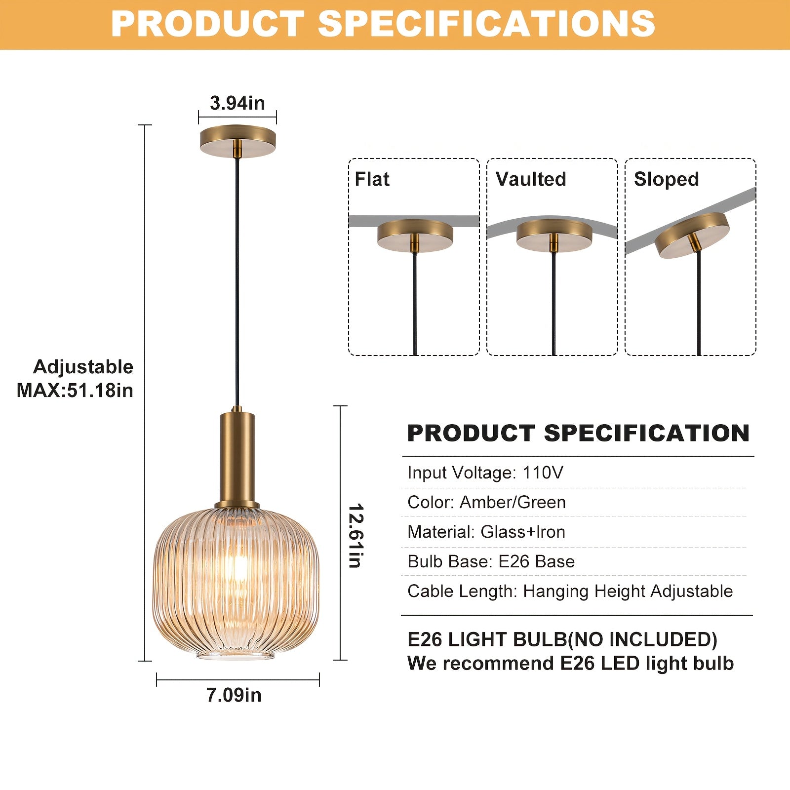 Single-Pack Amber Pendant Light, Compatible with E26 Screw-in 3-Color Bulb, Metal Base Glass Shade Height-Adjustable Ceiling Light, Vintage Kitchen Island Pendant Light Two Colors Optional, for Room Lighting, Hotel Decoration