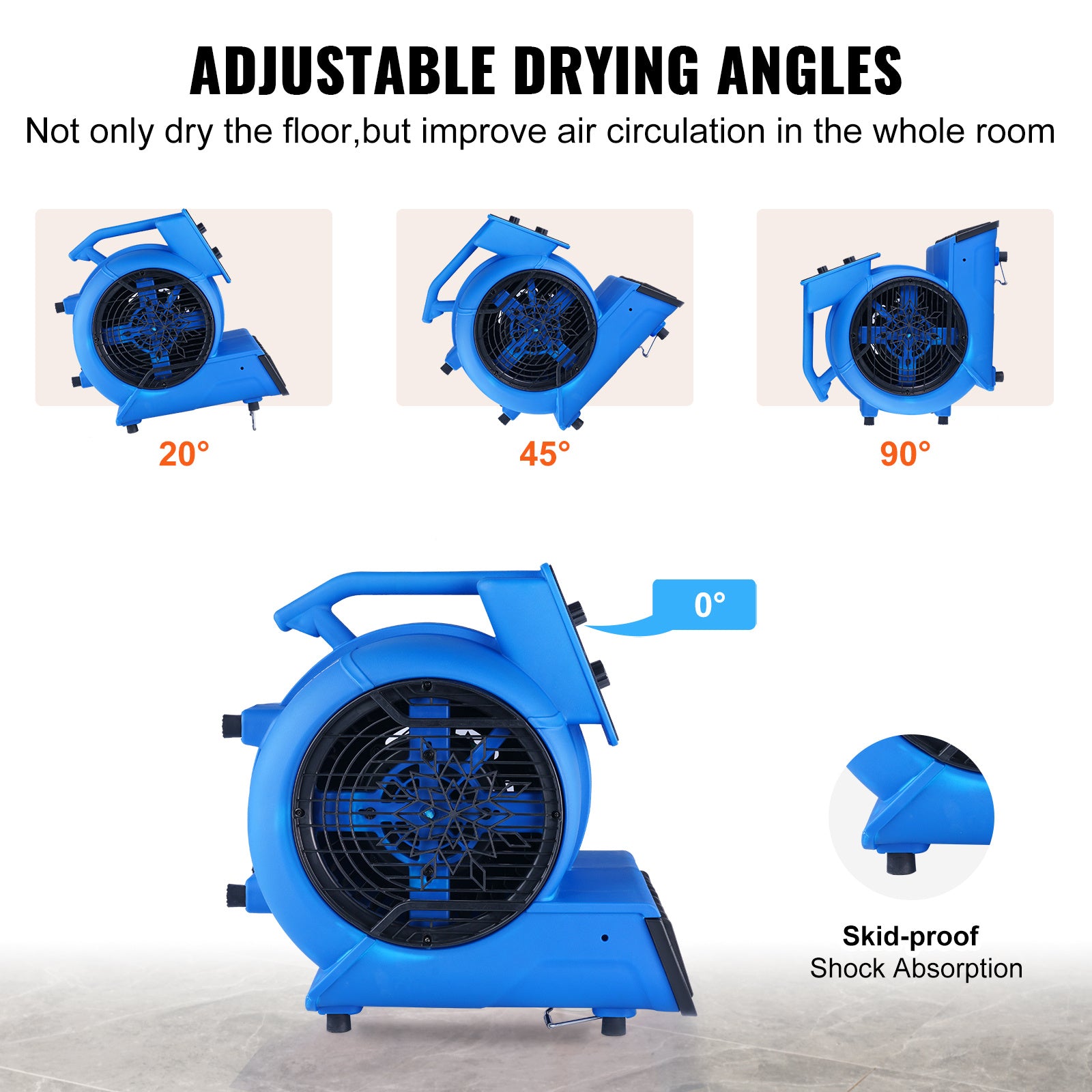 VEVOR Floor Blower, 1/2 HP, 2600 CFM Air Mover for Drying and Cooling, Portable Carpet Dryer Fan with 4 Blowing Angles and Time Function, for Janitorial, Home, Commercial, Industrial Use, ETL Listed