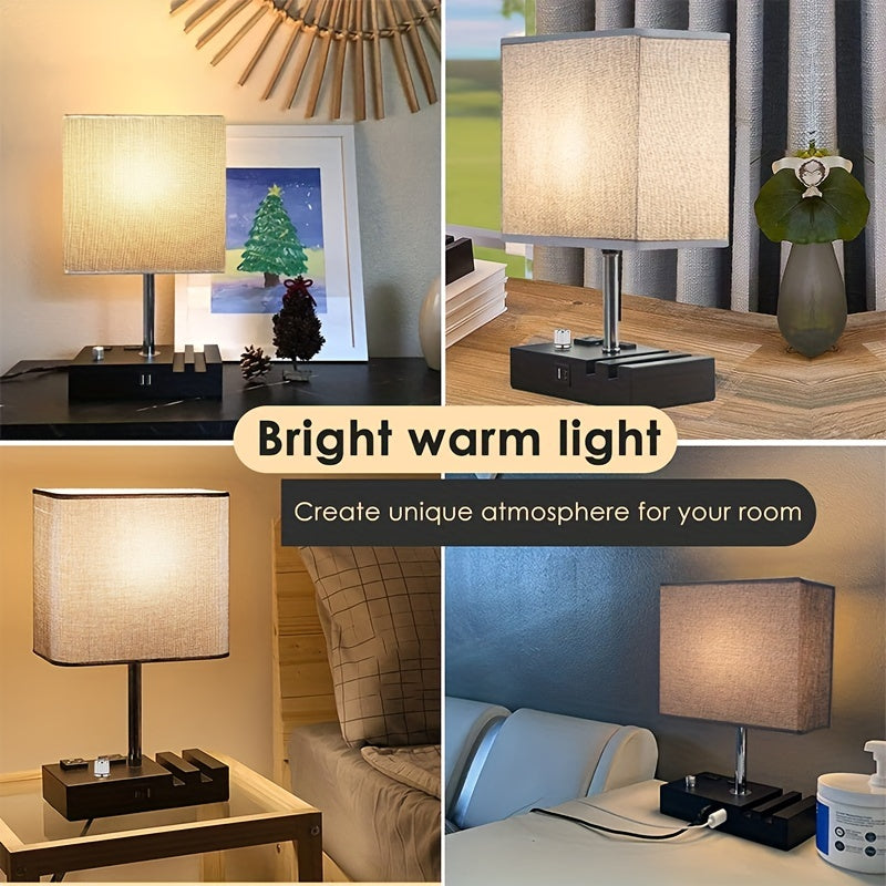 Dimmable table lamp bedroom dual USB port bedside lamp for nightstand counter lamp with charging station, 2 power outlets, fabric lampshade, LED bulb