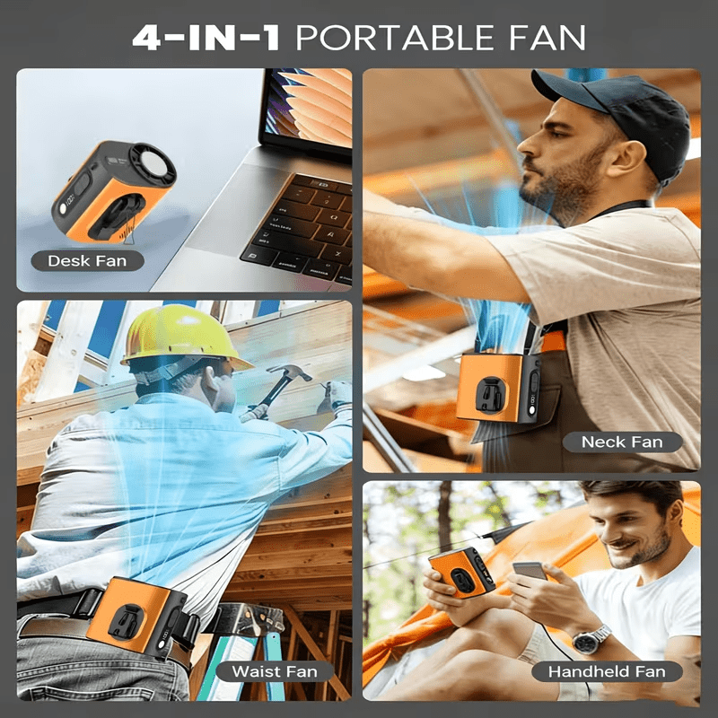Construction Site Cooling Fan, USB Rechargeable Built-in Battery, Waist & Neck Wearable with Bracket, Brushless Motor Personal Cooling Fan, Powerful Wind & Ice Cooling Feeling