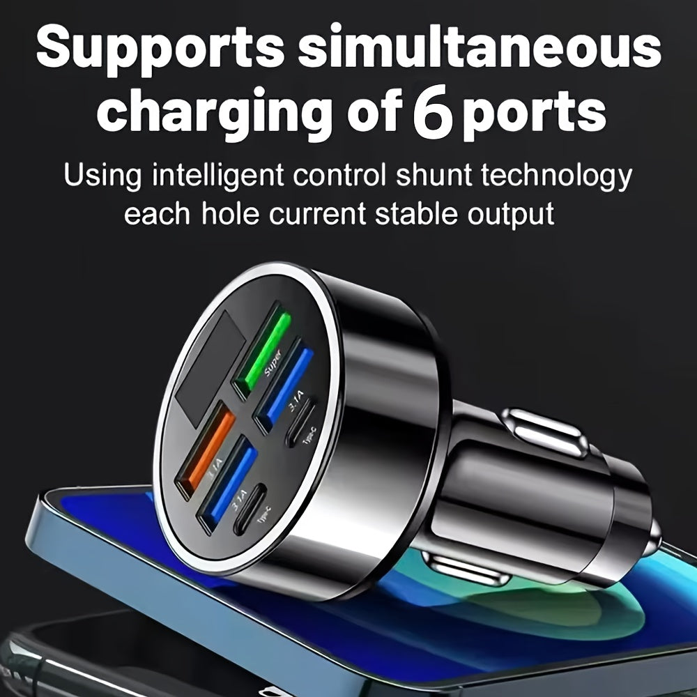 1pc 66W USB C Car Charger, 6-in-1 Fast Car Charger Adapter with 4 USB-A Ports & 2 Type-C Ports, Voltage Display, Multi-Port Power Adapter Compatible with iPhone Samsung Android Phones Tablets
