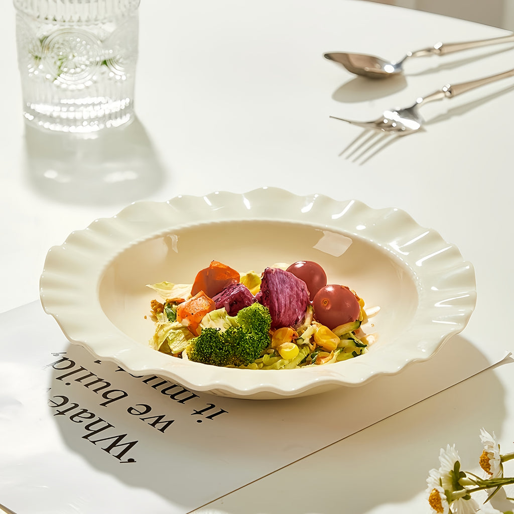 Cream-Style French Lace Western Dinner Plate, Reusable PP Plastic Home Tableware, Serving Plate, Soup Plate, Deep Plate & Bowl Set – Perfect for Cold Dishes, Deli, Desserts, Party Food, Stackable Storage