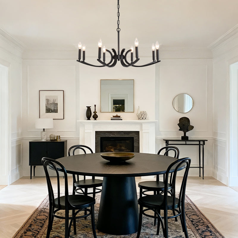 8-light farmhouse style chandelier, black metal branched chandelier, industrial style high ceiling living room dining room foyer lighting fixture, adjustable height - E12 base