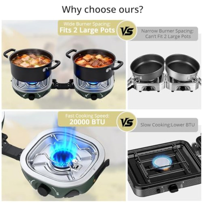 Portable Camping Stove, 20,000 BTU Power, Features Two Burners, Adjustable Settings & Foldable Design. Burner Center Width of 12.2 Inches, Comes with Complete Cooking Kit, Perfect for Car Camping, Beach Outings, RV Travel & Tailgating Events.