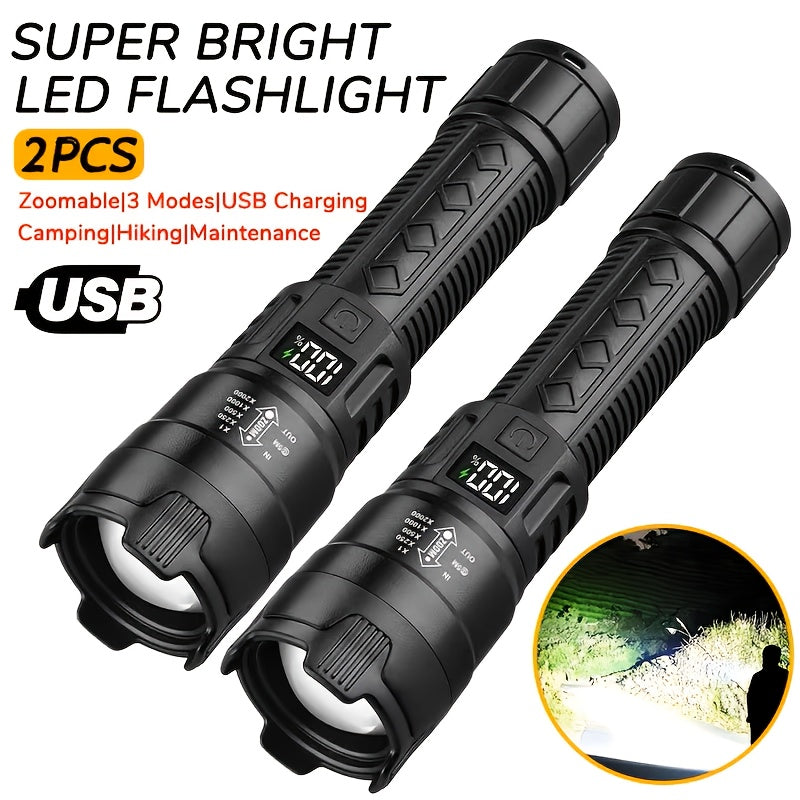 2Pcs Set Type-C USB Rechargeable LED Flashlights, Compact Non-Slip Design, Lightweight Material, Zoomable Focus & Battery Indicator, 3 Lighting Modes High-Low-Strobe, Ideal for Outdoor Activities Camping Fishing