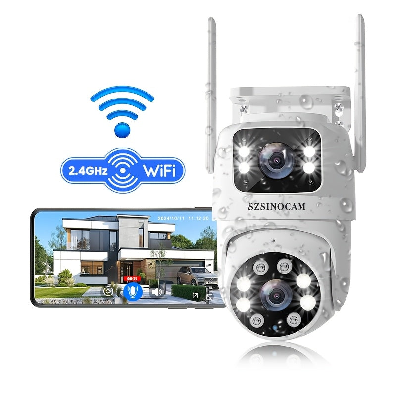 IP66 双镜头户外 WiFi 安防摄像头 2.4GHz 无线 IP 摄像机 AI 人形追踪 全彩夜视 双向语音 云台旋转 家庭监控