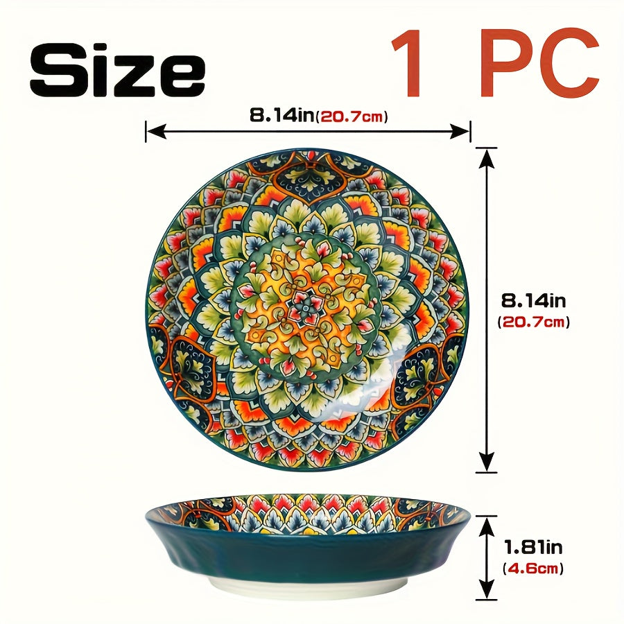1-Piece Bohemian Floral Theme Ceramic Dinner Plate – 8-Inch Round Decorative All-Season Tableware, Perfect for Steak, Pasta, Breakfast – Microwave Safe Ceramic Dishware – Great for Christmas Gifts, Restaurant & Home Use