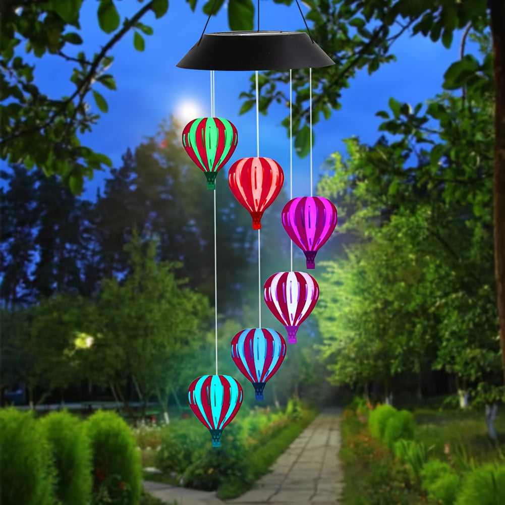 A Set of Solar Hot Air Balloon Wind Chime Light, Wrought Iron Material, Colorful Color Changing Design, Suitable for Courtyard/Party/Holiday/Garden/Home Outdoor Hanging Decorative Lighting