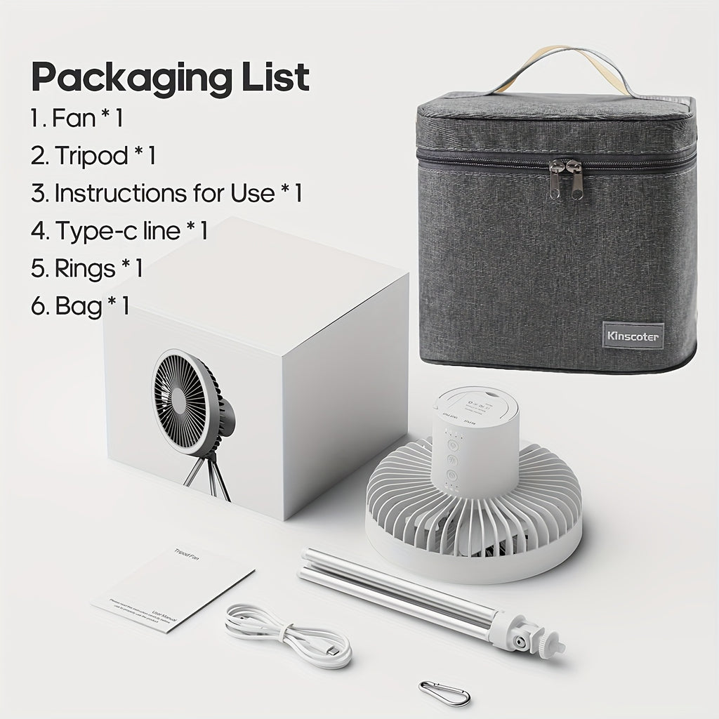 Outdoor Essential 10000mAh USB Rechargeable Camping Fan, Timing Portable LED Ceiling Camping Light Fan with Metal Tripod, Can Be Used as Power Bank, Suitable for Outdoor Camping Home Office, Equipped with Portable Storage Bag