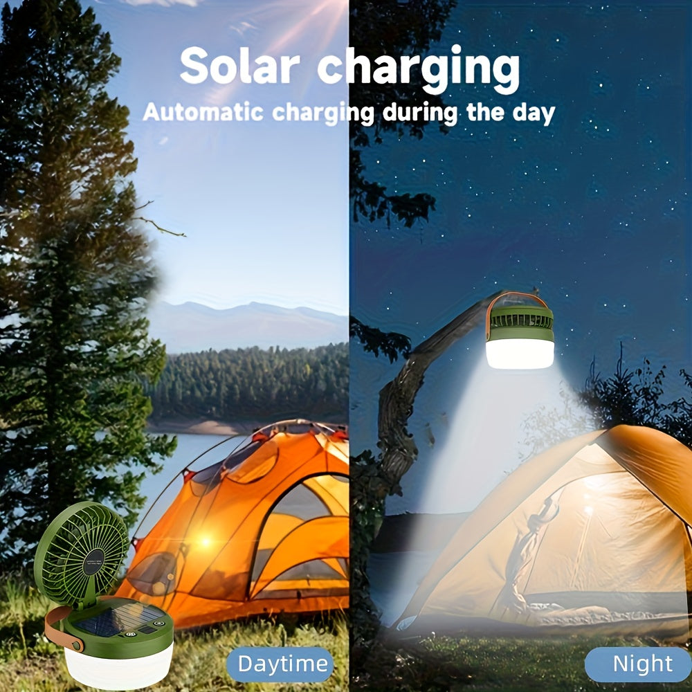 1pc Solar LED Light Rechargeable Outdoor Travel Fan Flashlight, New Portable Solar Camping Folding Fan Light, Desktop Camping Handheld Electric Lamp, USB Port Electronic Fan, Outdoor Camping Accessories