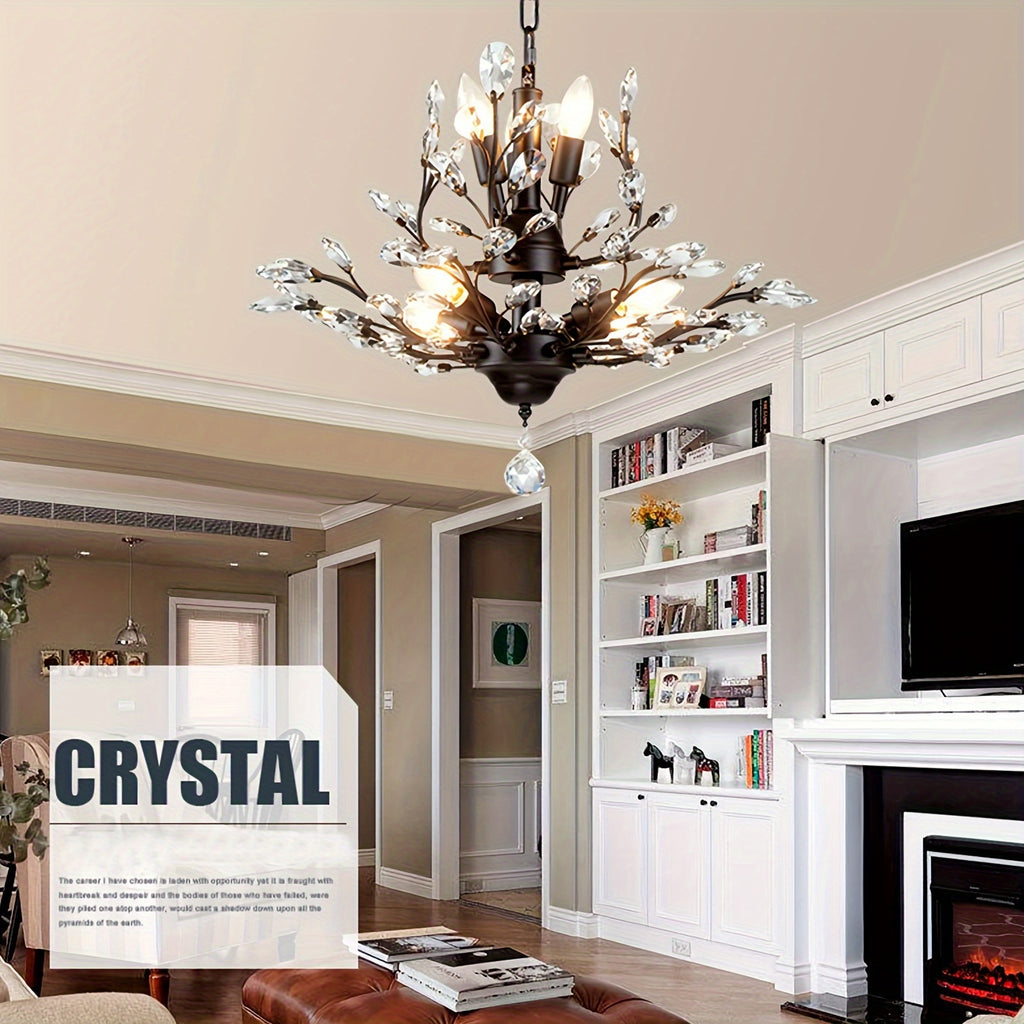 Enncll Elegant 7-Light Vintage Crystal Chandelier - Adjustable Black Metal Ceiling Light, Suitable for Living Room, Bedroom, Dining Room and Porch - E12 Socket (Bulb Not Included), Bedroom Ceiling Light Traditional Lighting Metal Construction