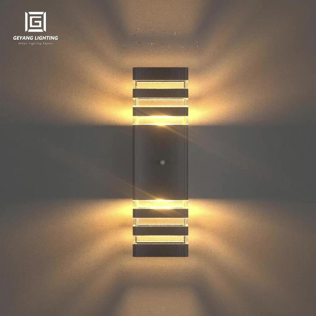 GEYANG Dusk to Dawn Outdoor Wall Light, Modern Square Aluminum Outdoor Lighting Fixture, 3-Layer Black Waterproof Wall Light with Up and Down Light, Suitable for Home Garage, Patio, Garden (Bulb Included)