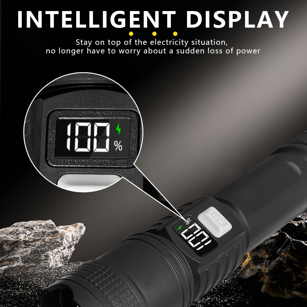 1Pc Super Bright Tactical Rechargeable LED Flashlight, 3 Lighting Modes, Digital Display Screen, Durable & Long Lasting, Ideal for Outdoor Enthusiasts, Hiking, Hunting, Camping and Other Lighting Needs