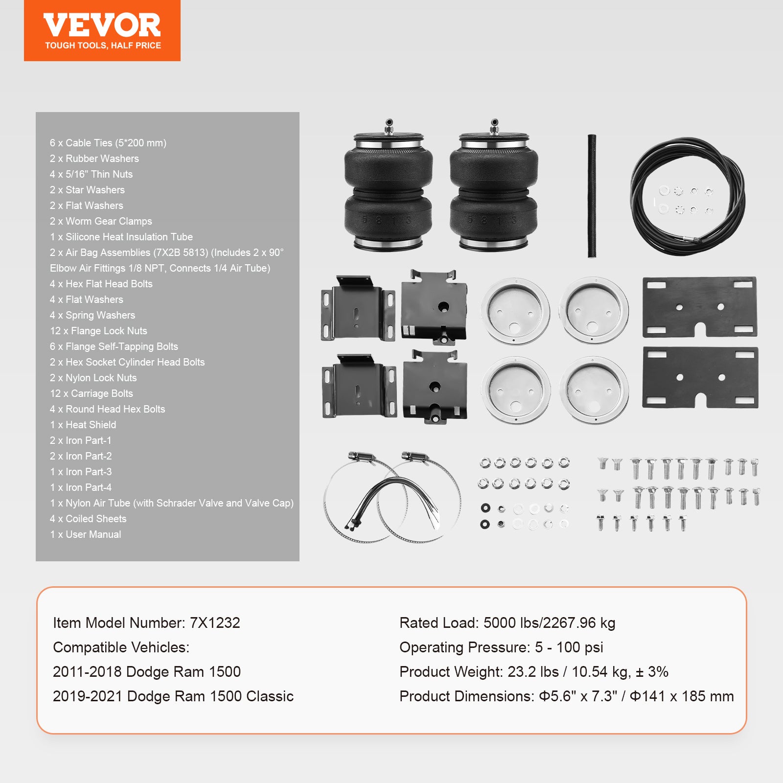 VEVOR Air Bag Suspension Kit, Air Spring Suspension Bag Kit, 5000 Lbs Load Capacity, 5 to 100 PSI