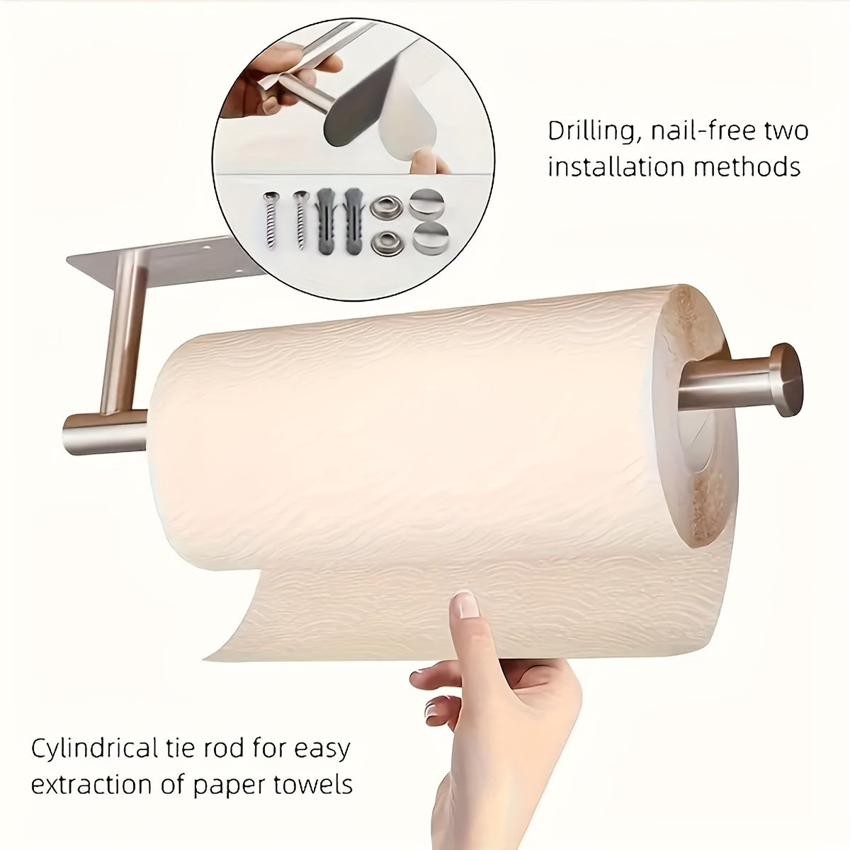 1pc No-Drill Self-Adhesive Wall Mount Paper Towel Holder - Stainless Steel Kitchen & Bathroom Organizer for Roll Paper, Cling Wrap, Towels & Utensils, Modern Space-Saving Design, Drill-Free Install, Sleek Metal Finish, Easy Setup