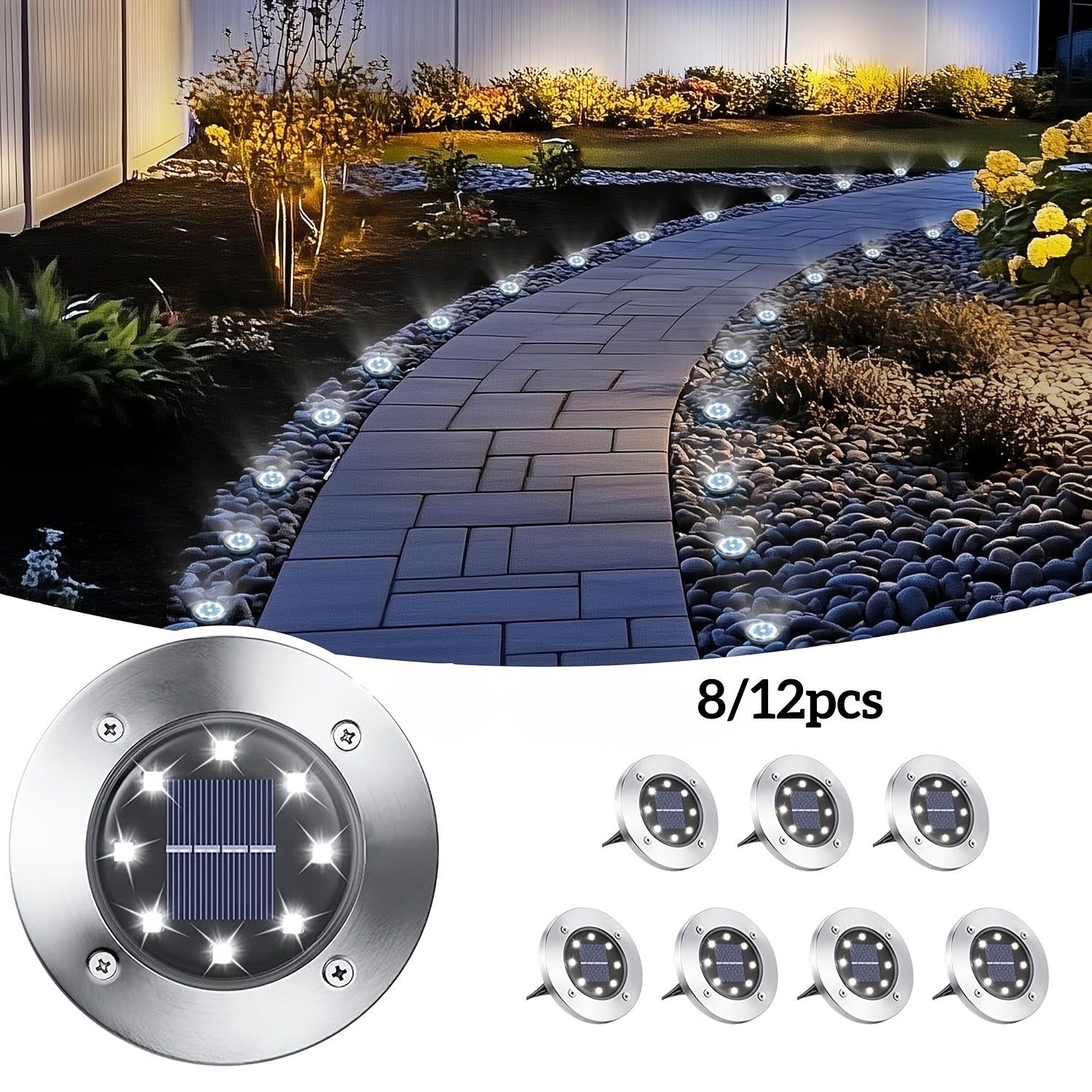 8/12-Piece Outdoor Solar Ground Light, 8-LED Solar Landscape Courtyard Light, IP44 Rating, Suitable for Path, Courtyard, Lawn and Driveway, White