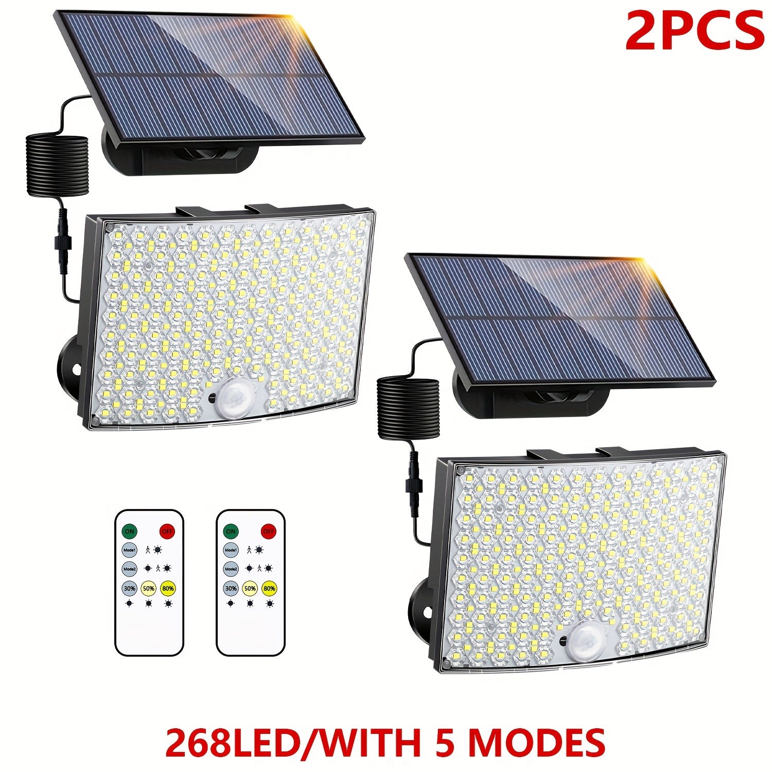 1/2 Pack Solar Outdoor Light, IP65 Solar LED Spotlight with 5 Lighting Modes / 196.85-Inch Cable, 268 LED High-Brightness Security Light with Remote Control, Motion Sensor Floodlight Wall Light with 3 Modes, Perfect for Garden, Courtyard, Pathway