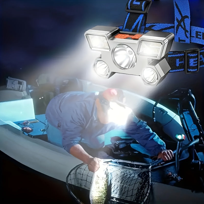 Rechargeable 5-LED Headlamp, Built-in Battery, Home Night Light, 4 Modes, Portable Flashlight, Lightweight USB Headlamp, Small Light for Camping, Fishing & Hiking