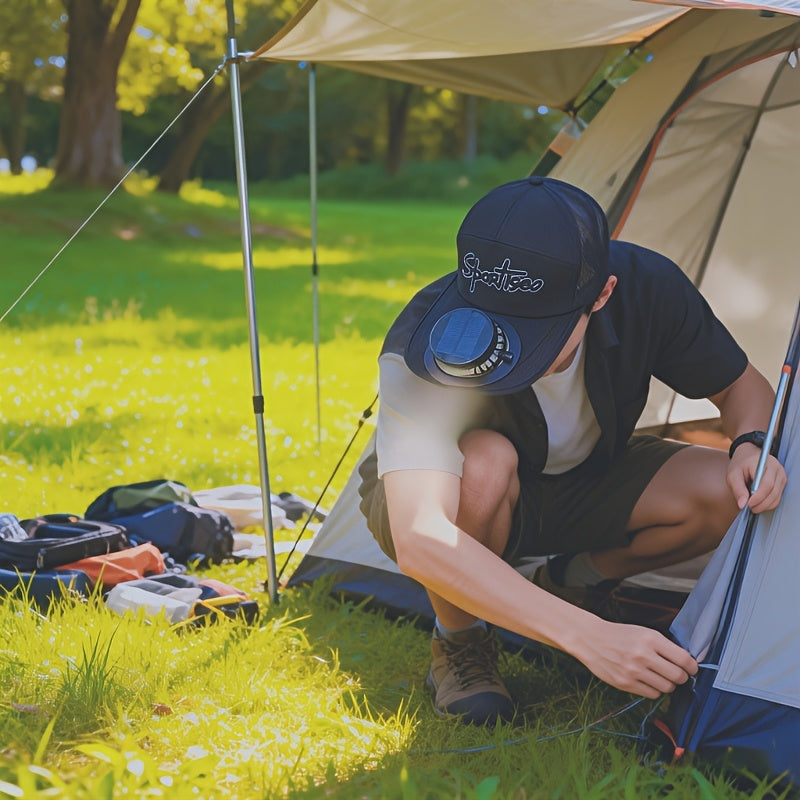 Solar Fan Baseball Cap, Hiking & Camping Hat, Adjustable Head Circumference for All Sizes, Solar + USB Multi-Charging Fan, New Design with Light Sensor Start, No Noise for More Comfort, 650mAh Large Capacity Lithium Battery for Longer Use