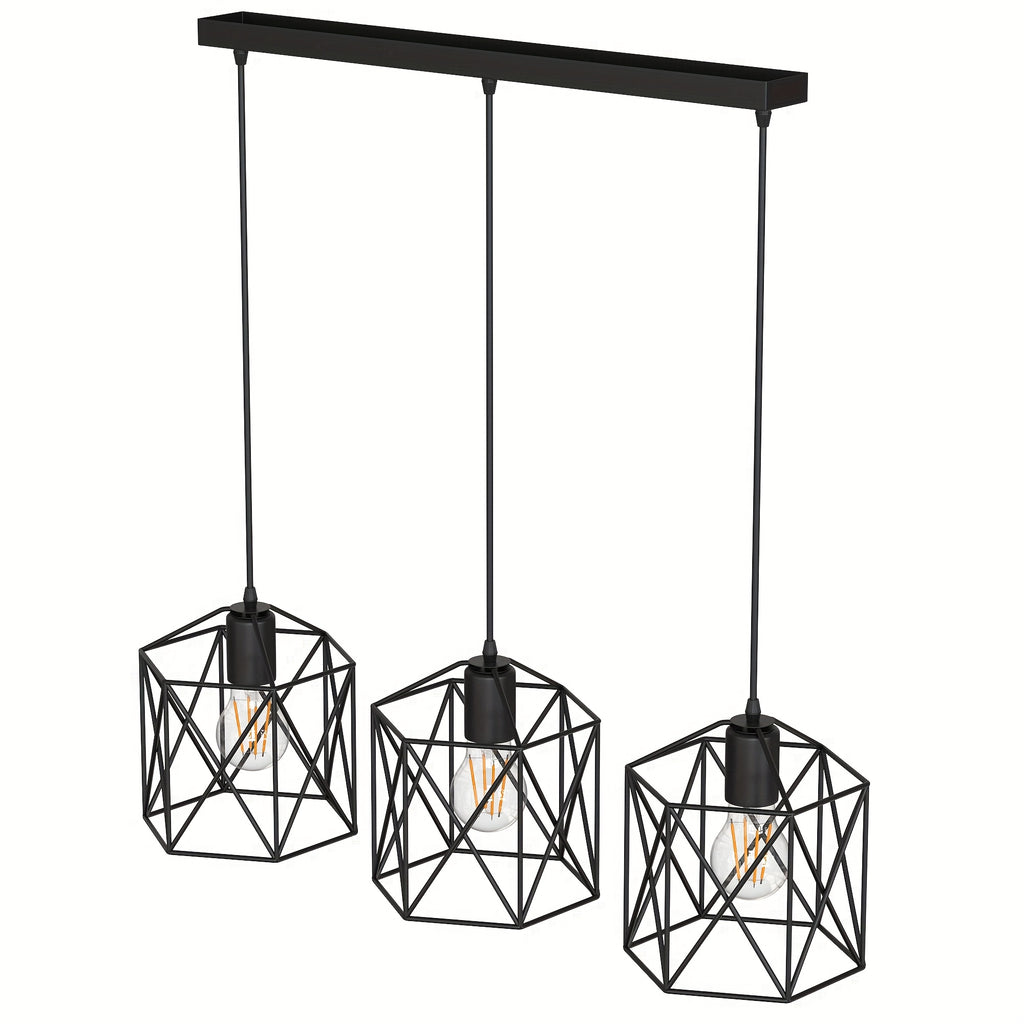 3-Light industrial pendant light, height adjustable up to 43.3 inches chandelier, black metal geometric cage pendant light, ceiling lighting fixture, suitable for dining room, kitchen island, living room or bedroom, restaurant, hotel, home decoration