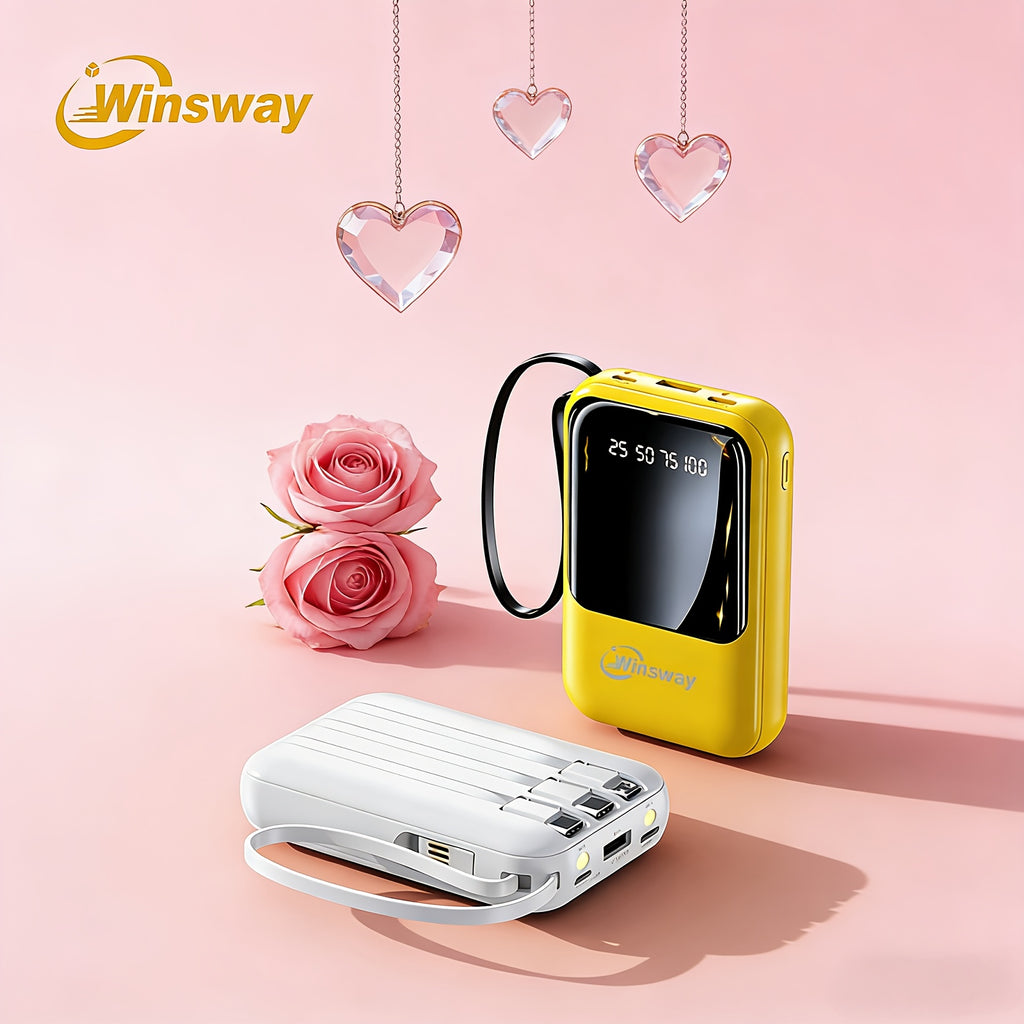 Winsway 10000mAh Portable Mobile Charger With Built-in Charging Cable, 4 Outputs And 3 Inputs, LED Smart Display/light For Android Mobile Electronic Devices, Is A Must-have Emergency Power Supply For Outdoor Camping. High-value Gift.