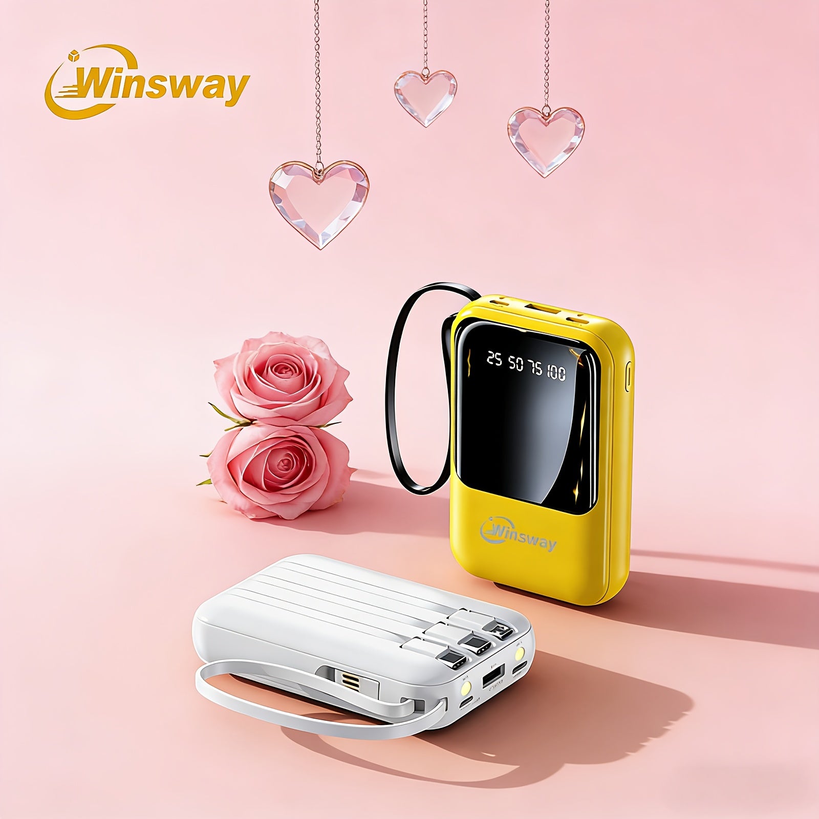 Winsway 10000mAh Portable Mobile Charger With Built-in Charging Cable, 4 Outputs And 3 Inputs, LED Smart Display/light For Android Mobile Electronic Devices, Is A Must-have Emergency Power Supply For Outdoor Camping. High-value Gift.