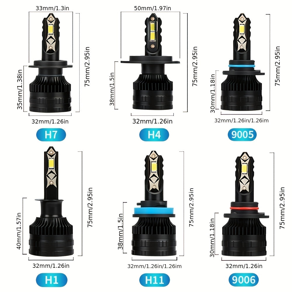 Car LED Headlight Kit (2Pcs), Model H4/HB2/9003, Compatible with 9005, 9006, H1, H4, H7, H11, H8, H9, Brightness 6500K, 12V Voltage, Luminous Power 200W, High Brightness 60000 Lumens, No Battery