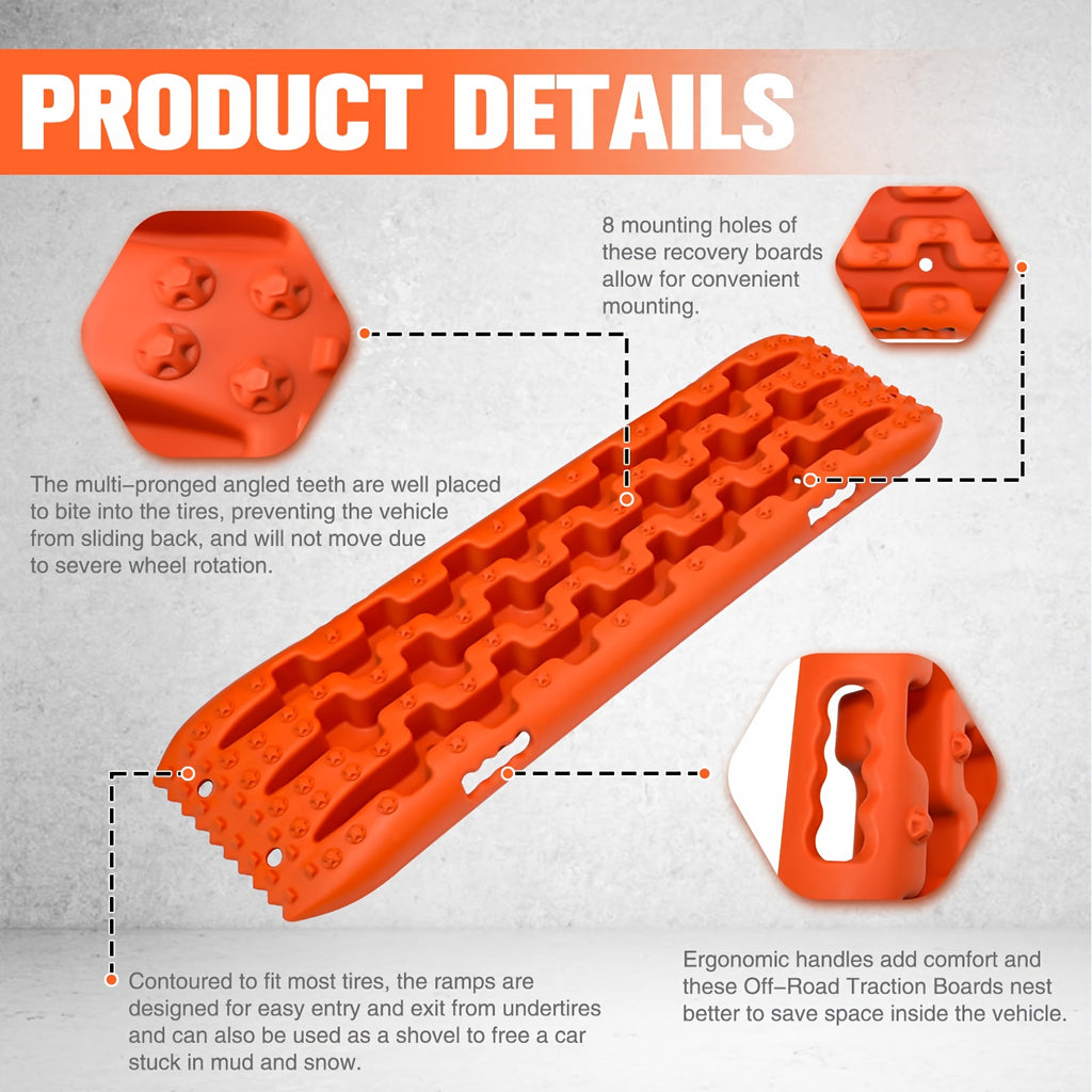 Off-Road Recovery Traction Boards – 4WD Rescue Mats for Mud, Sand, Snow & Rocky Terrain. Pair of 4x4 Recovery Tracks with 2 Straps, for RVs, Trucks, Jeeps, SUVs – Available in Orange & Red