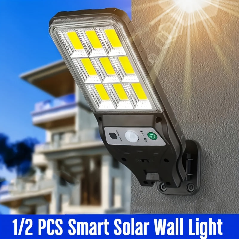 1/2 Pack COB Solar Exterior Wall Light, Smart Motion Sensor Switch, 3 Lighting Modes, Solar Charging Outdoor Street Light, Perfect for Outdoor Garden Lighting, Garden, Patio, Street Light, Porch Light, Home Lighting