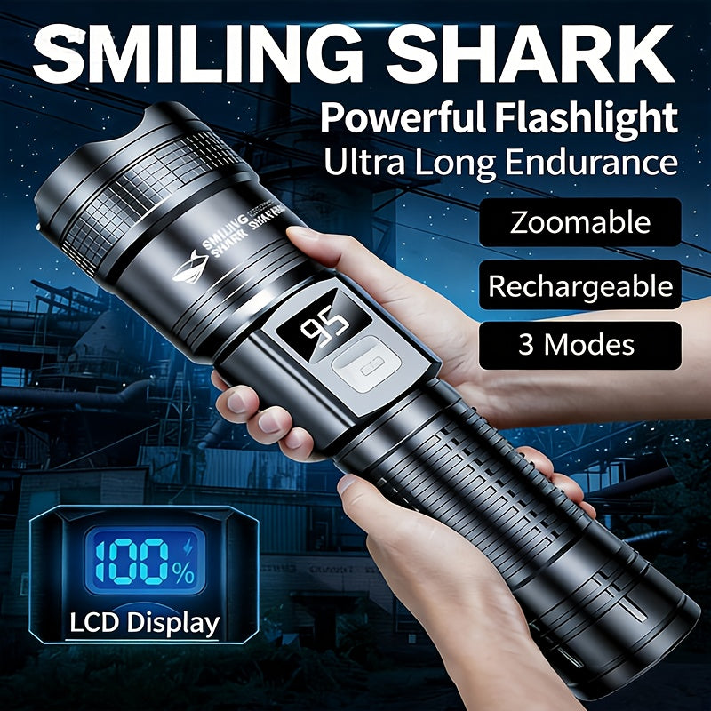 1Pc SMILING SHARK Rechargeable Flashlight, Super Bright Zoomable LED Spotlight with Digital Display, 3 Lighting Modes, Lightweight Portable Handheld Work Light, Type-C Charging, Model SD5242B, for Hiking Camping Fishing Outdoor Emergency