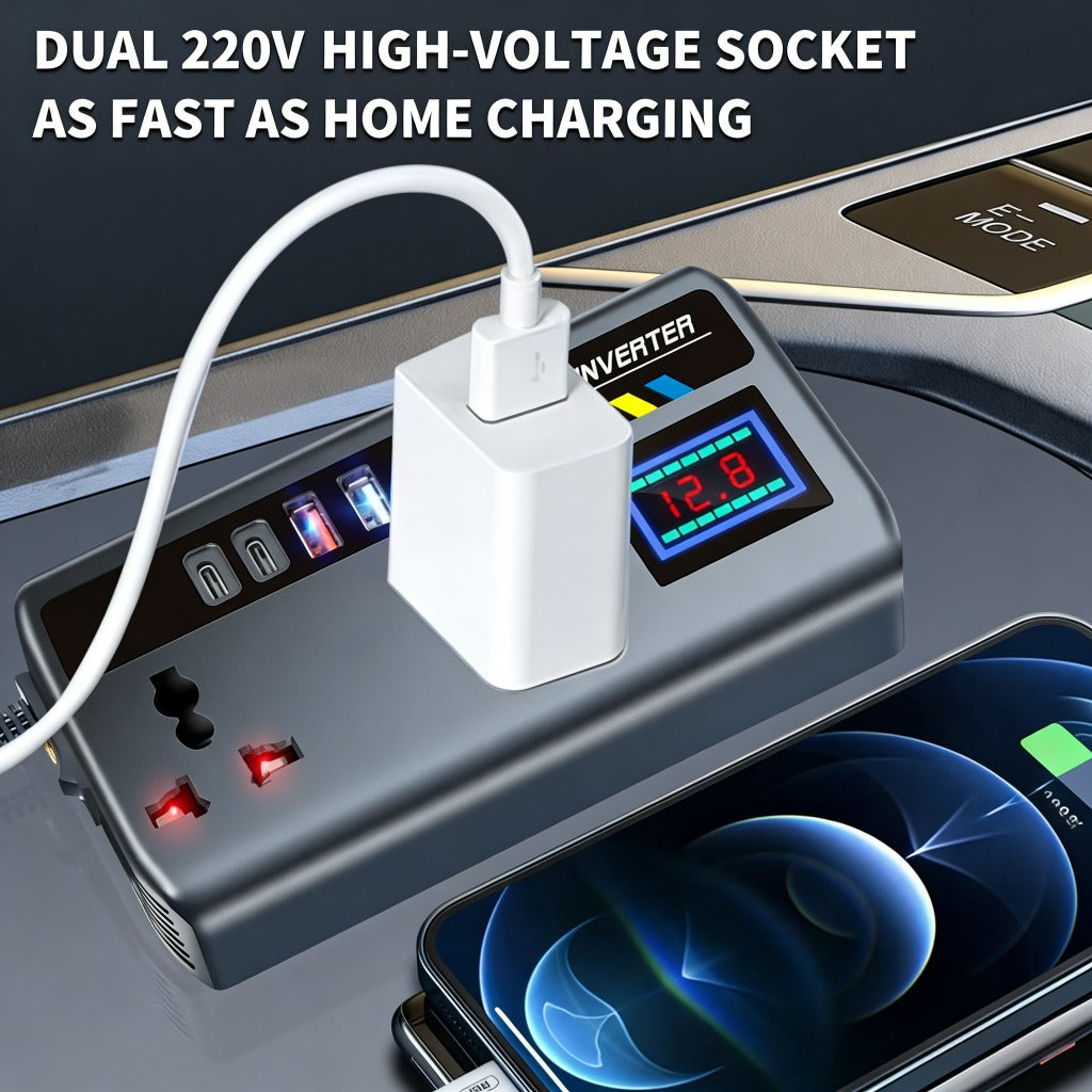 200W车载逆变器，直流12V/24V转交流110V/220V汽车电源转换器，配备4个USB接口+2个Type-C接口、2个通用输出插座，带智能显示屏，是轿车、房车及卡车的必备品