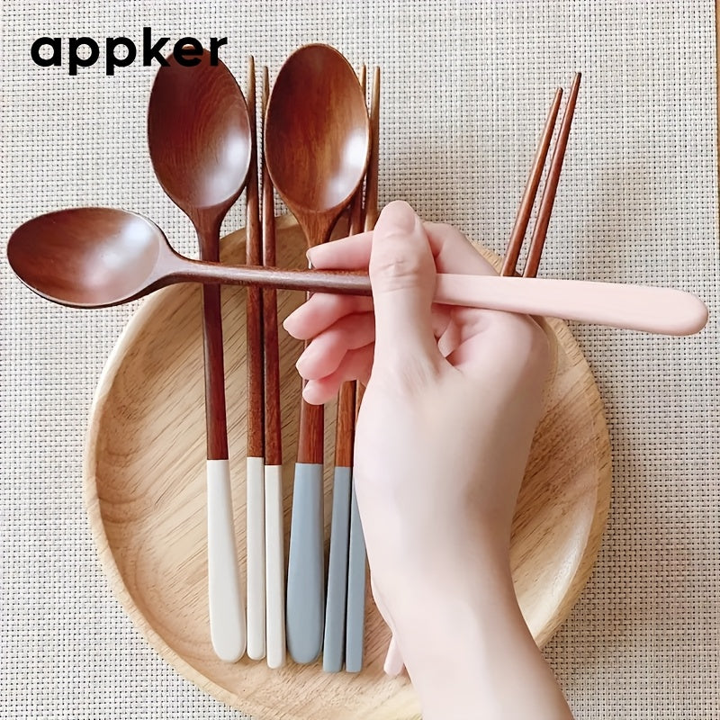 Appker Japanese Wooden Dinnerware Set 4-Piece – Colorful Long Handle Spoon & Chopstick Set – Handcrafted Reusable Cutlery Set for Halloween
