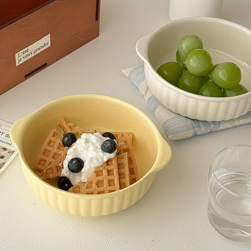 1 Ceramic Bowl with Ear Handles, Large Capacity Ceramic Plate, Soup Bowl, Salad Bowl, Noodle Bowl, Oven & Microwave Safe, Dinnerware, Kitchen Supplies for Salad, Fruit, Pasta, Kitchenware, Tableware Accessories/