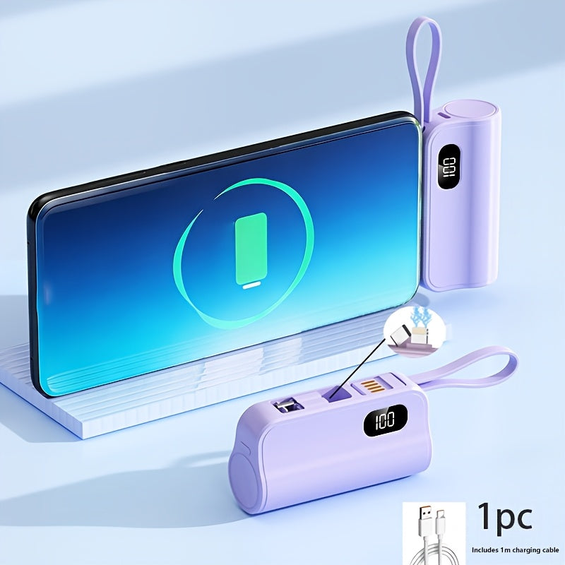 2026新款三合一迷你行動電源 5000mAh 充電寶，內建 USB-C 及 iPhone 雙充插頭，LCD 顯示螢幕電量，手機支架，附 USB 充電線