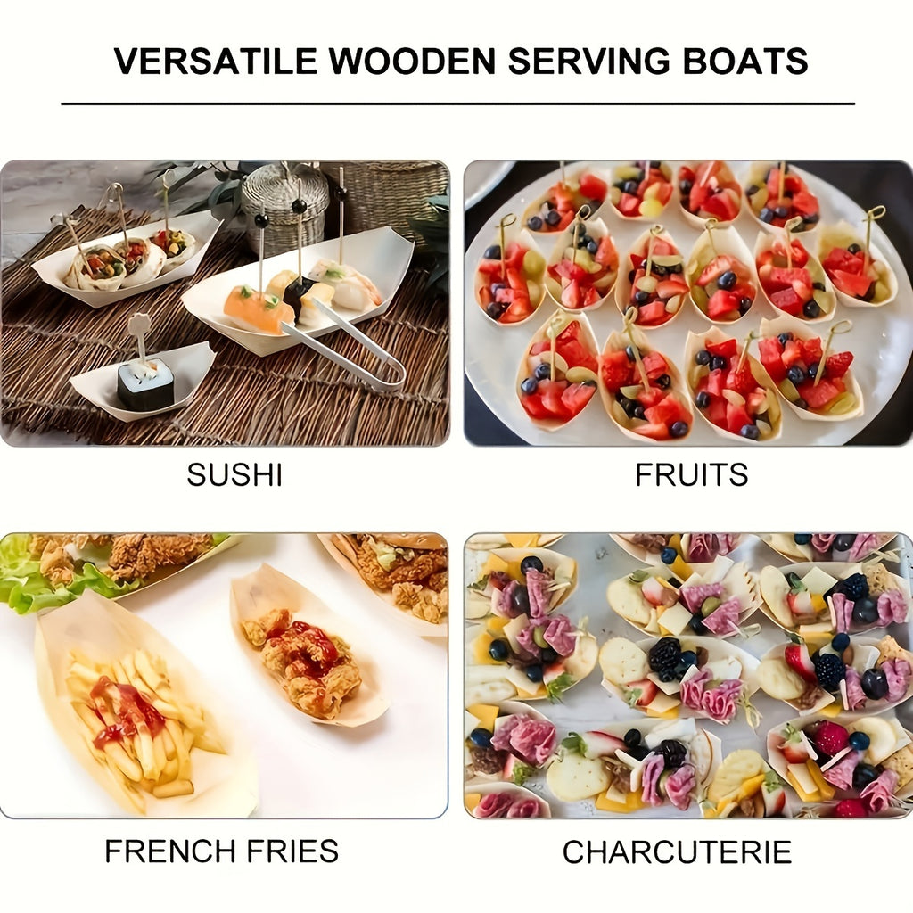 50 Disposable Wooden Plates, Picnic & Camping Food Box, Wooden Boat Sauce Dish – Stronger Than Bamboo, Bowls for Parties, Restaurants, Catering