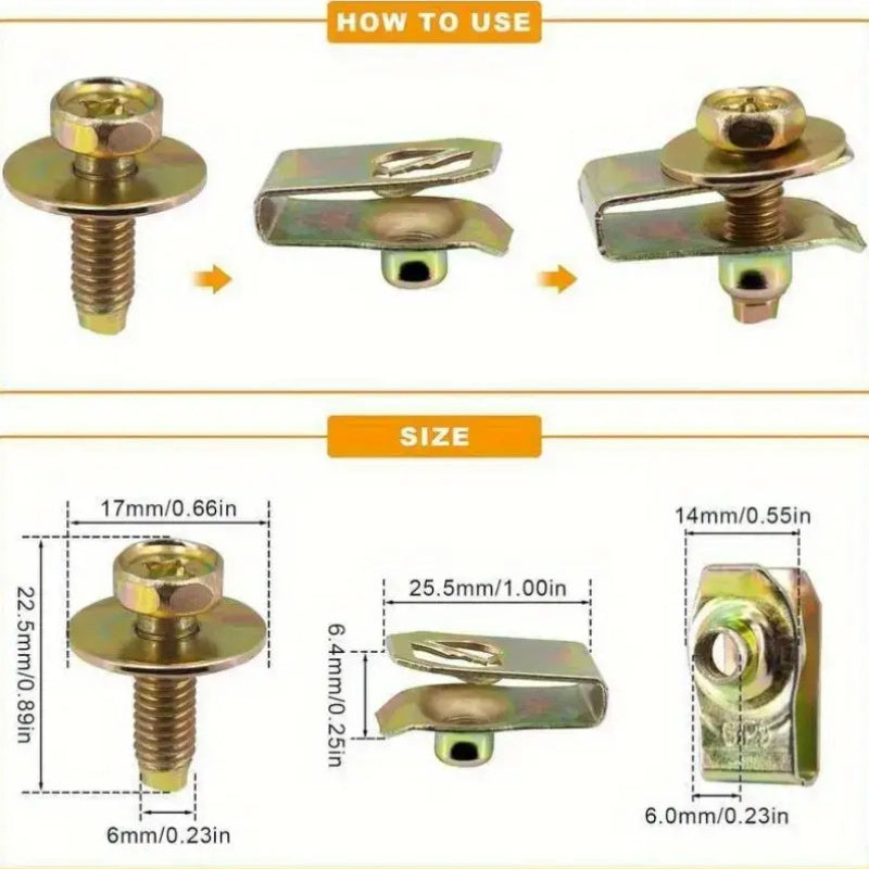 [50-Piece Gold Body Bolt Set] M6 Body Bolts & U-Type Press Nuts (25 Screws + 25 Clips) | Universal Fasteners for Hood, Bumper, Fender, Splash Shield | Rust-Proof Metal Fasteners & Rivet Screws