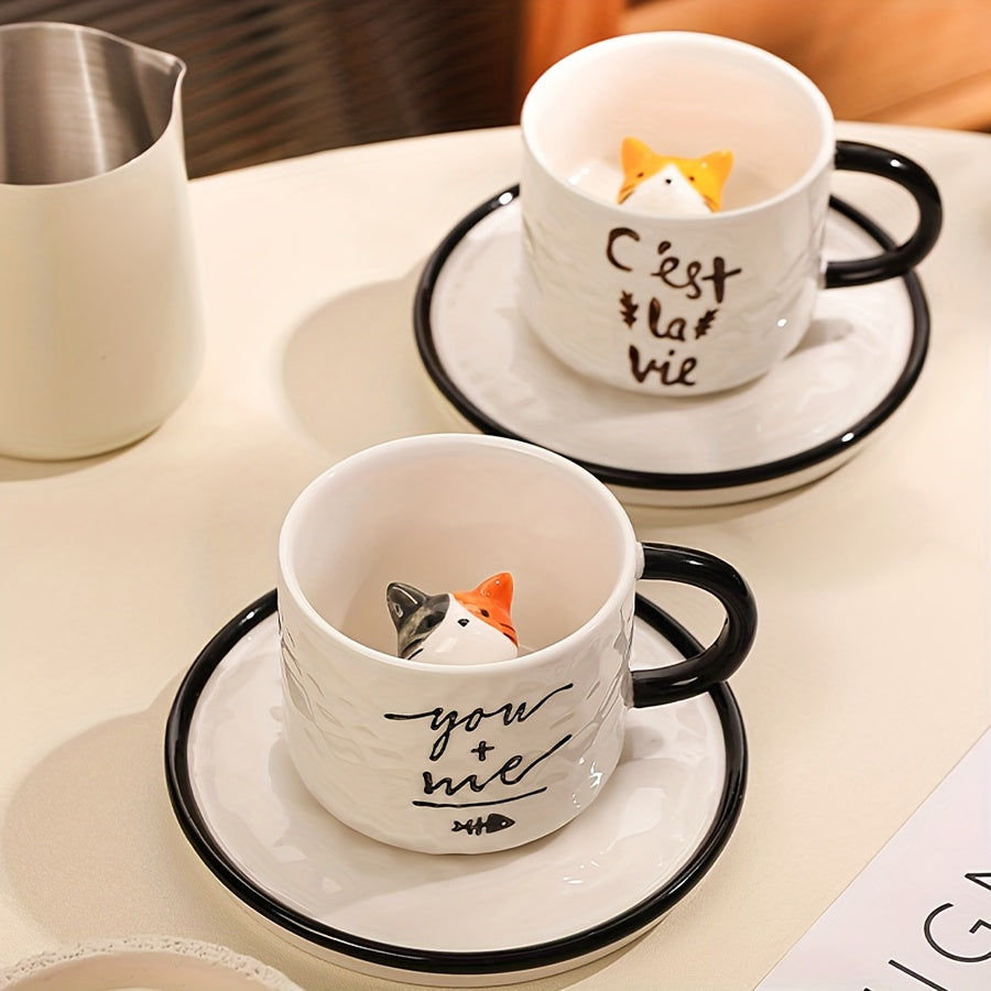 1pc 200ml / 6.7oz Japanese Cute Ceramic Hidden 3D Cat Cup & Saucer, Hand-Painted Under-Glaze Adorable Cat Cup, Breakfast Cup, Afternoon Tea Cup Set, Birthday & Holiday Gift for Cat Lovers