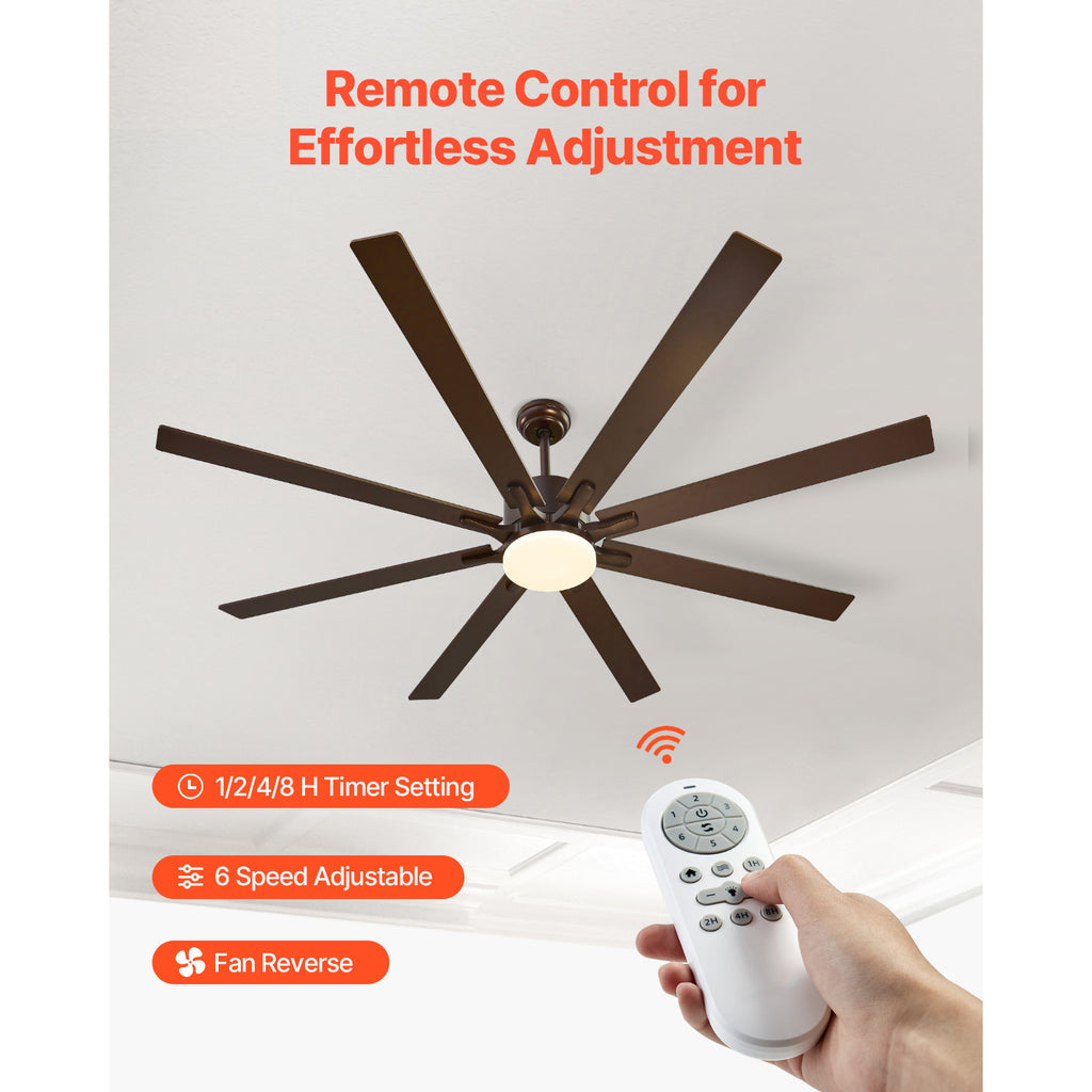 72 Inch Ceiling Fan with Light, 6 Speed Remote Control, Reversible Motor, Coffee Black Color