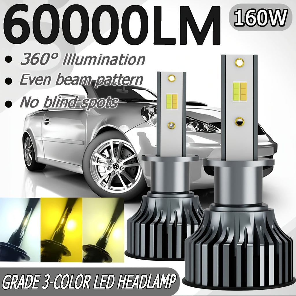 Tri-Color Car LED Headlight Kit, 2-Pack, H1 H4 H7 H11 9005 9012, 60000LM, Super Bright Fog Light Bulbs, Universal Compatibility, No Battery Included