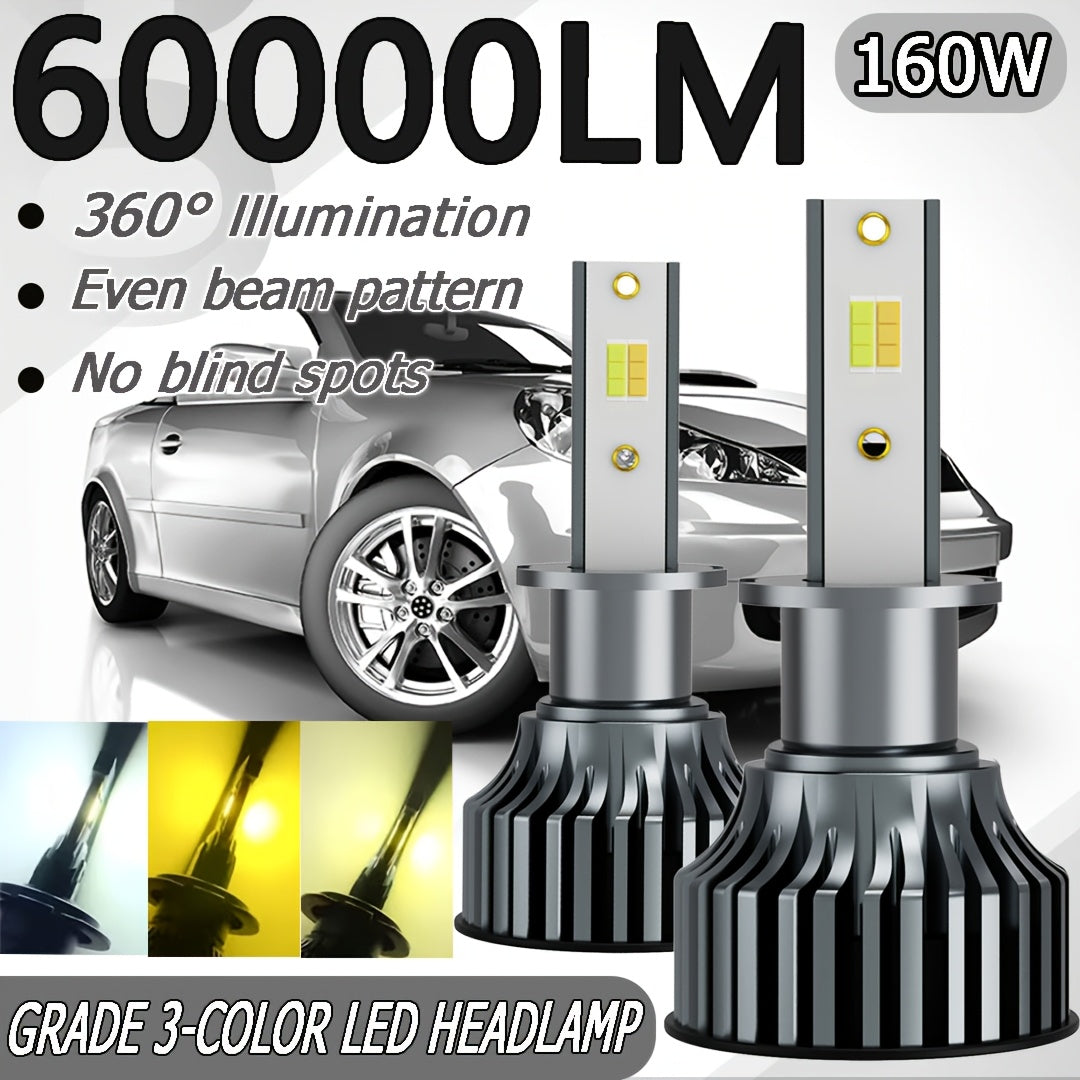 Tri-Color Car LED Headlight Kit, 2-Pack, H1 H4 H7 H11 9005 9012, 60000LM, Super Bright Fog Light Bulbs, Universal Compatibility, No Battery Included