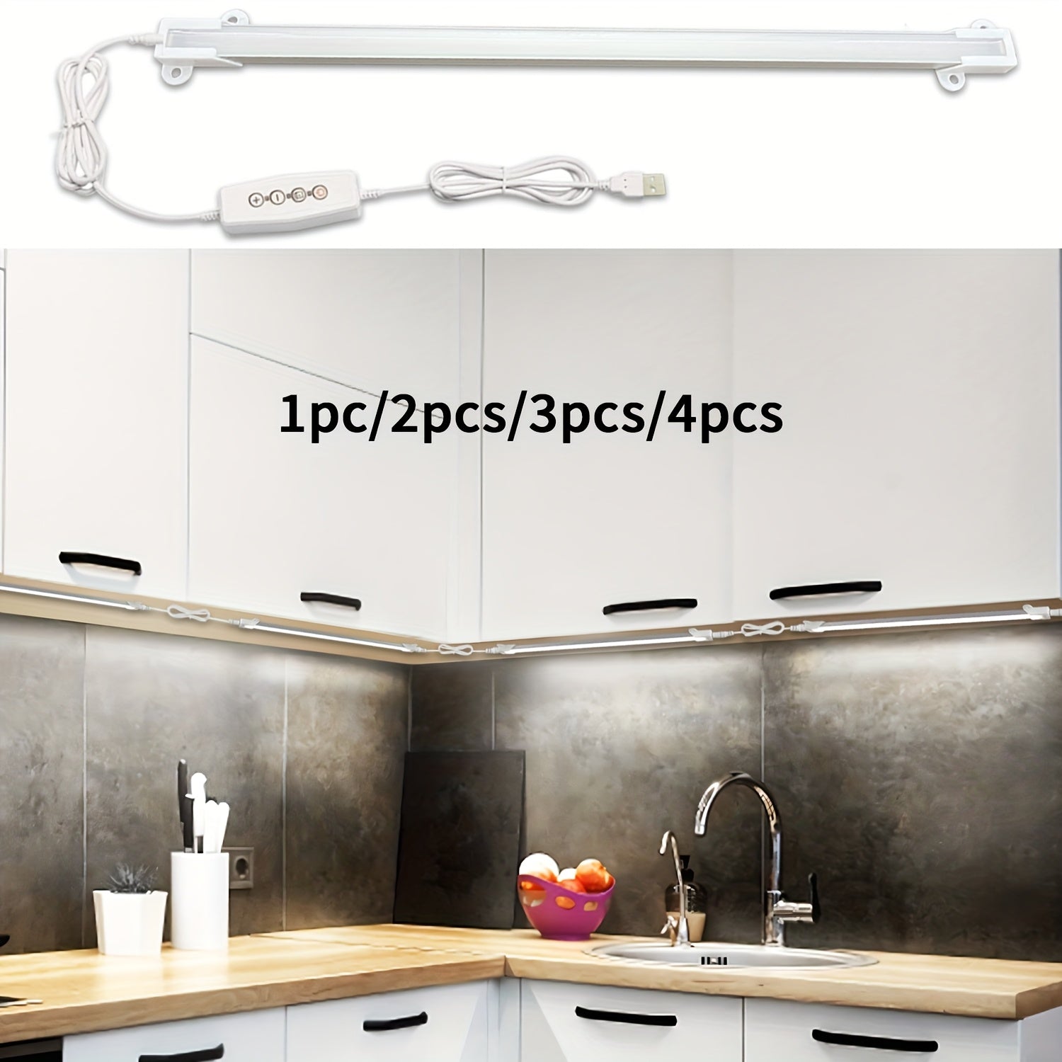 1 件/2 件/3 件/4 件超亮冷白色 LED 下櫃任務照明套裝，可互連燈具，無介面卡（5V/2A），可調光 LED 燈帶，適用於廚房櫥櫃、食品儲藏室架子、辦公桌、獨特的裝飾、鄉村住宅