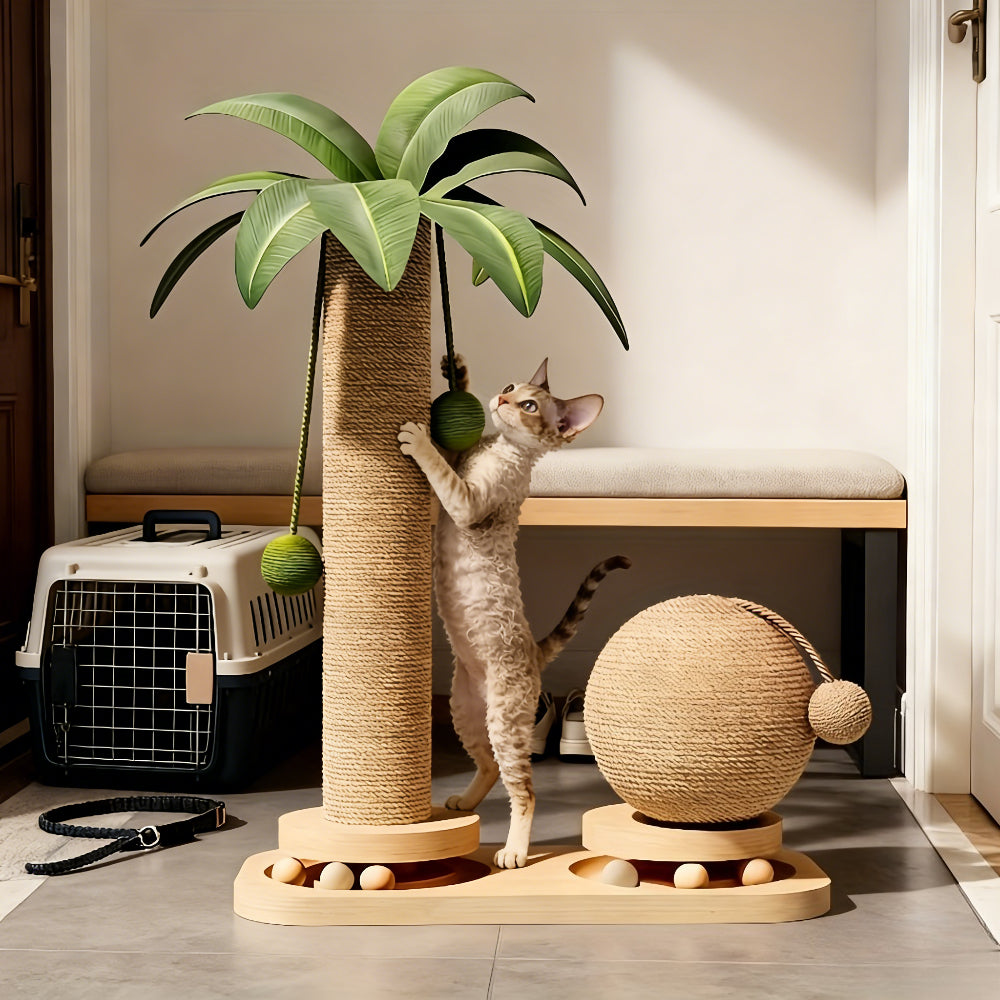 椰子树实木猫咪旋转抓挠柱，带猫咪诱导棒，耐用猫抓板和剑麻猫爬架