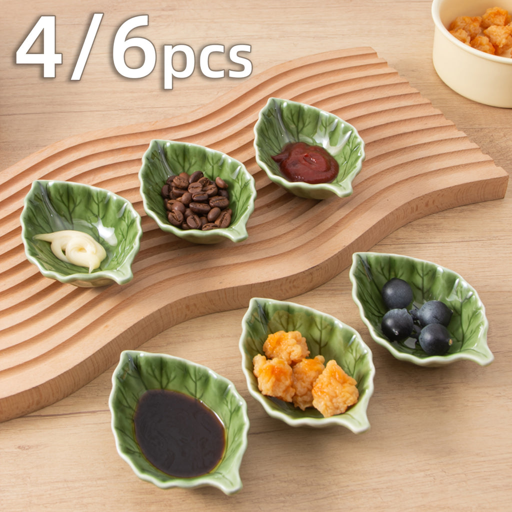 4/6pcs 40ml / 1.35oz Ceramic Dip Dish – Cute Green Leaf Soy Sauce Dish – Heat-Resistant Ceramic Espresso Measure Cup – Perfect for Serving Coffee, Sauce, Honey &amp; Milk – Espresso Bar Table Décor