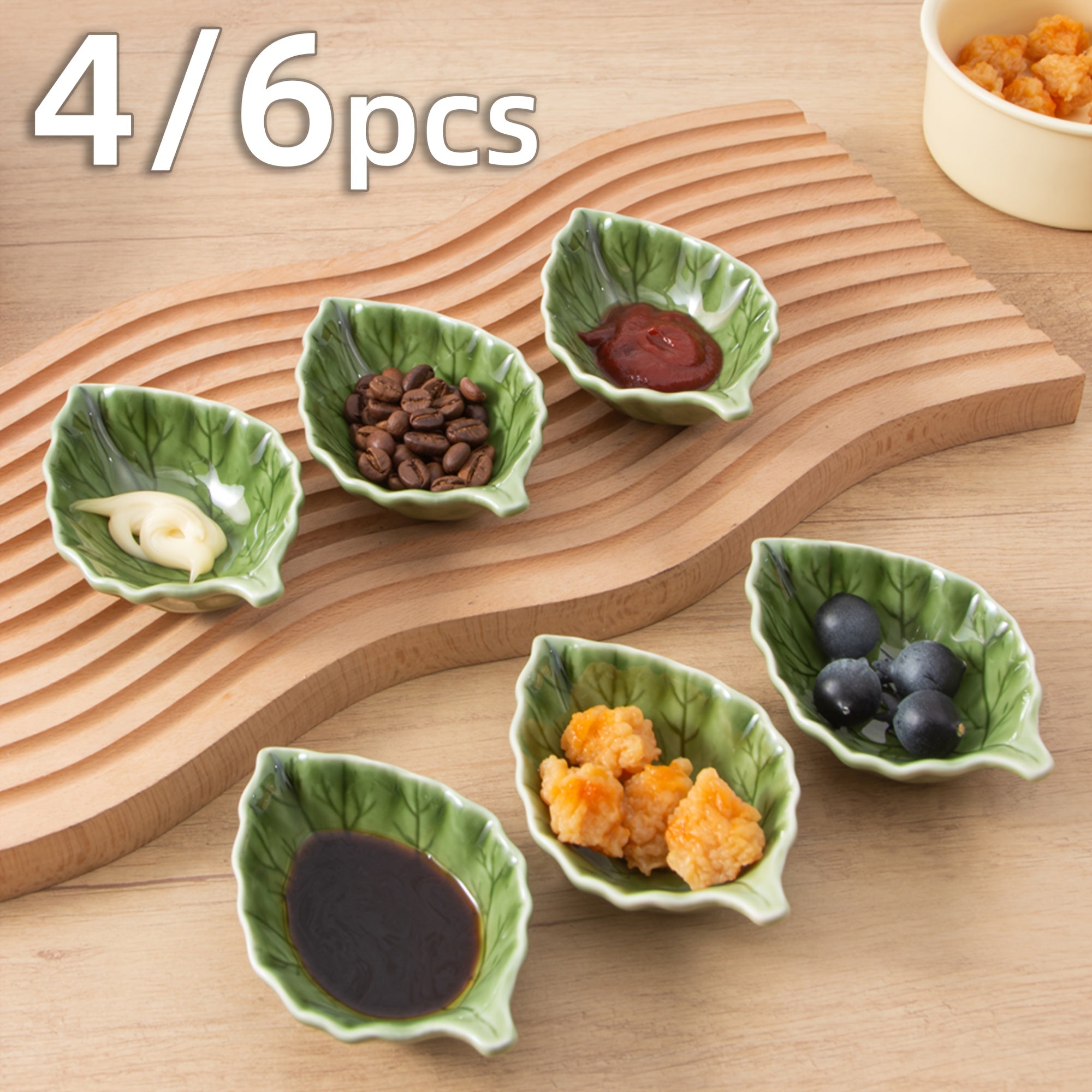 4/6pcs 40ml / 1.35oz Ceramic Dip Dish – Cute Green Leaf Soy Sauce Dish – Heat-Resistant Ceramic Espresso Measure Cup – Perfect for Serving Coffee, Sauce, Honey &amp; Milk – Espresso Bar Table Décor