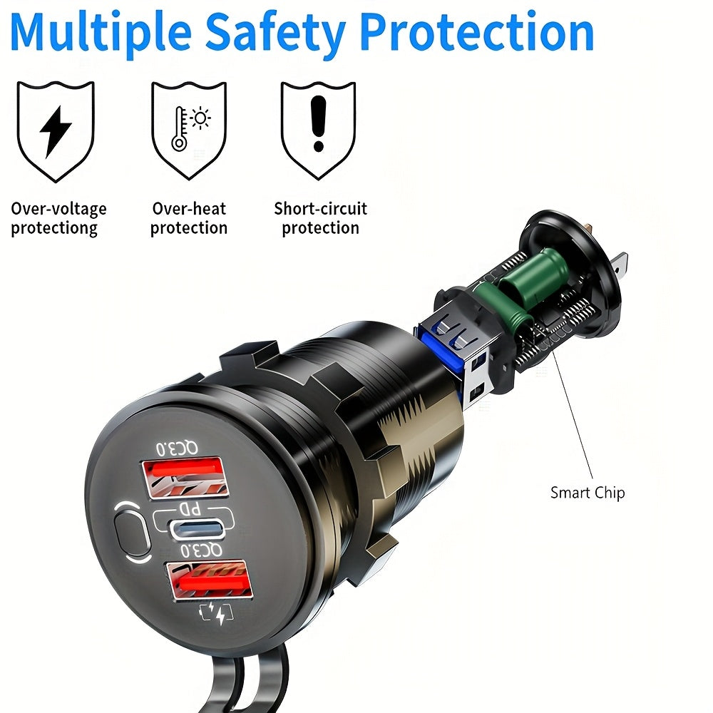 Versatile Car Charger - Features a Switch, Compatible with 12V/24V for Vehicles, Boats, Motorcycles, And Rvs - Portable, Includes Installation Tools|Stylish Design|Includes Voltmeter, Socket for Boat Charging, No Battery Included