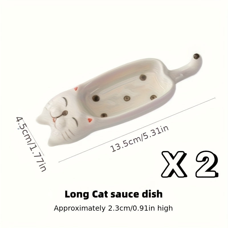 2Pcs/1Set Cat Ceramic Sauce Dish, Ins Japanese Style Cute Cat Multi-Functional Seasoning Tray 10*4.5cm/3.94*1.77in, Chopstick Rest, Small Plate for Snacks, Sushi, Soy Sauce Dip 13.5*4.5cm/5.31*1.77in