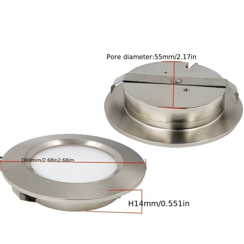 Recessed LED round downlight spotlight, metal aluminum housing, DC12V 24V, diameter 68mm*14mm, cutout 55mm, nickel color, 3W 5W LED cabinet light, for garage, bathroom, sauna lighting, shopping mall, restaurant, bedroom, corridor