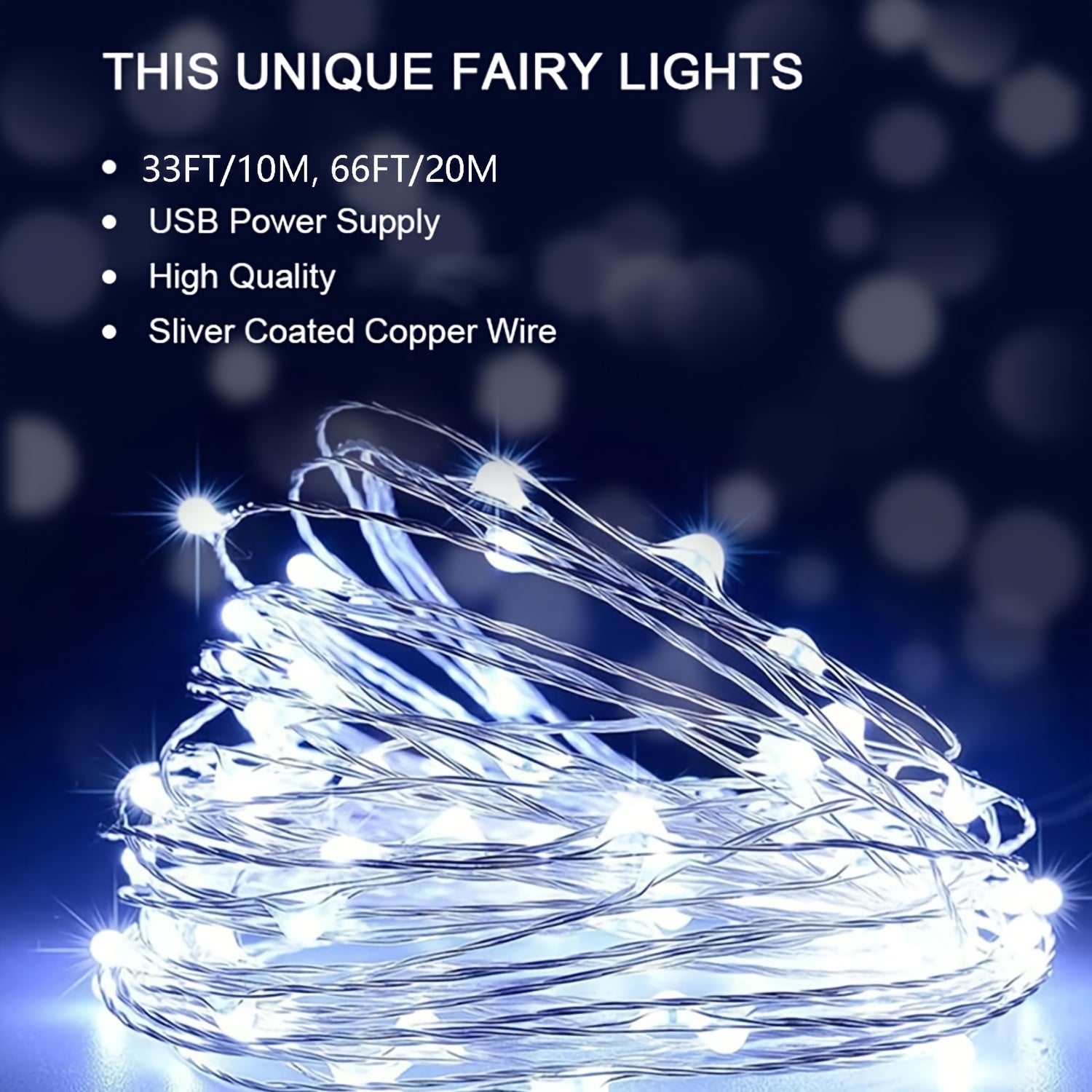 200 LED 仙女灯串，66FT/20M，100 LED 版本为 33FT/10M，USB 供电灯串，银色线材，非常适合在卧室中营造星空氛围，用于圣诞节、婚礼、派对或户外窗户装饰